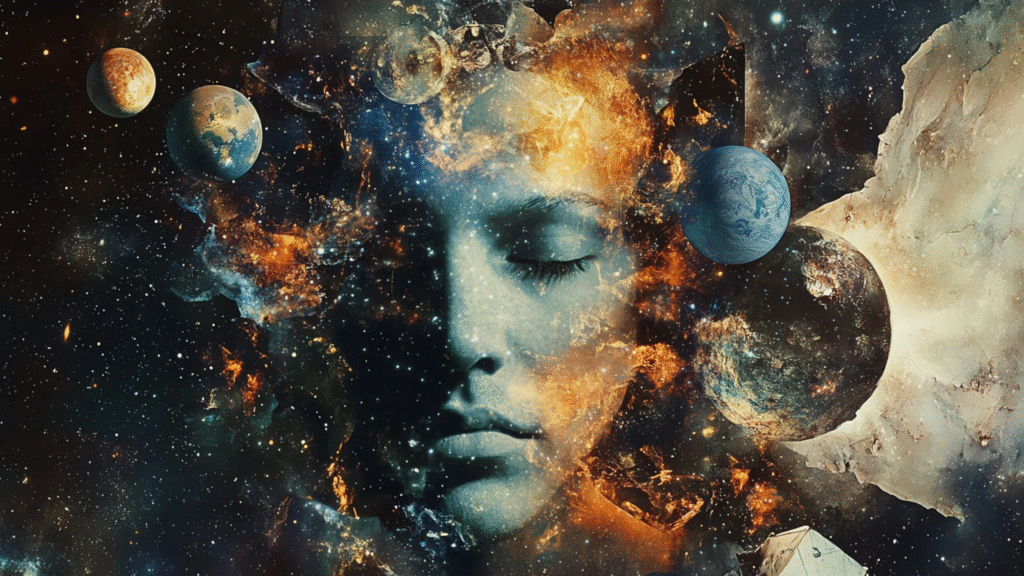 woman with eyes closed and rotating planets