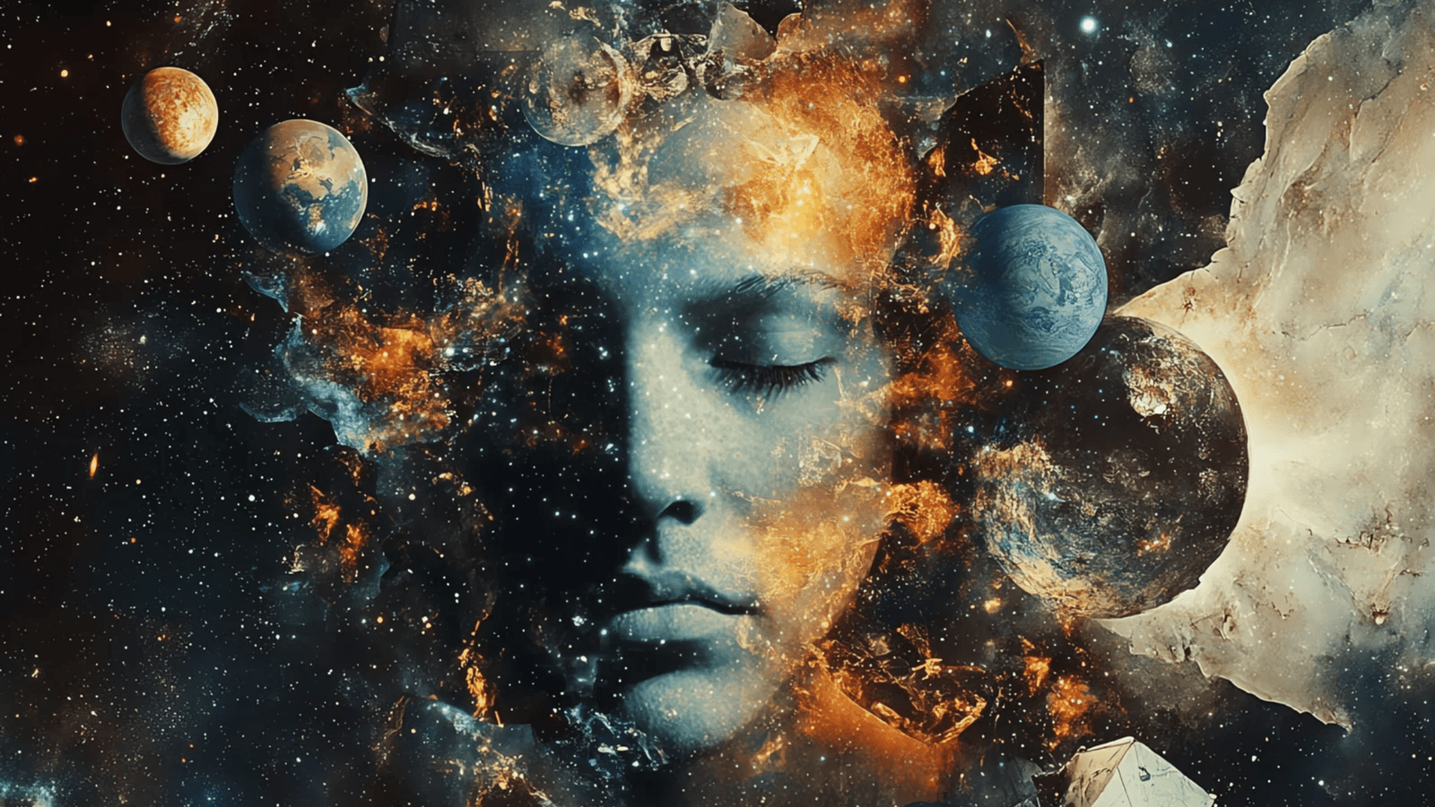 woman with eyes closed and rotating planets